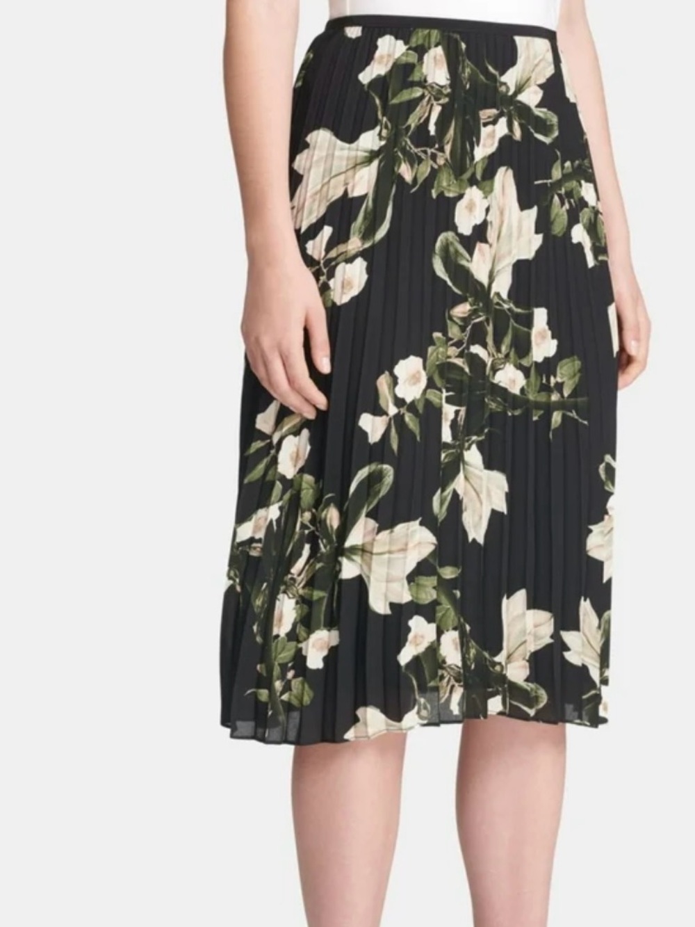 DKNY Black Pleated Midi Skirt with Cream Floral Print